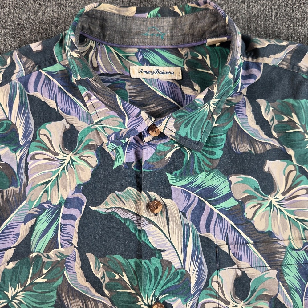 Tommy Bahama Men's 2XLB Blue Green Floral Hawaiian Silk Button Shirt‎